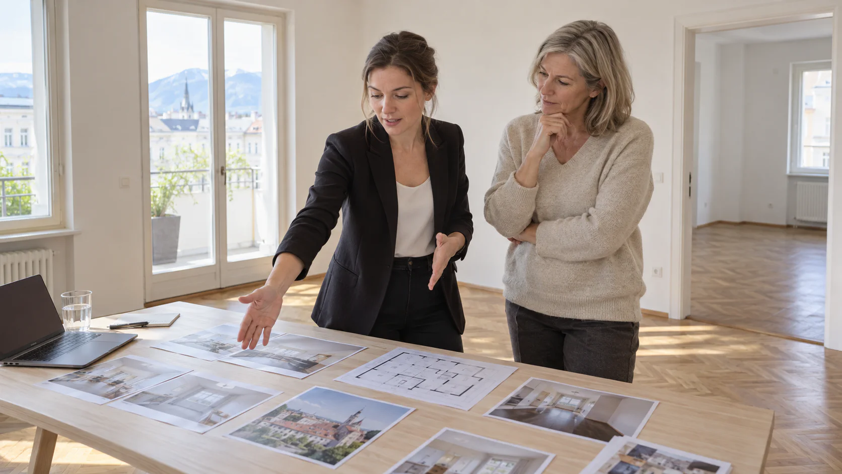 Engagierte Berufsumsteigerin bereitet in einer Wohnung eine Immobilienpräsentation vor